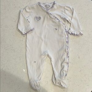 Kissy Kissy White Footie with Lavender Floral Embroidery.  Size 9M.